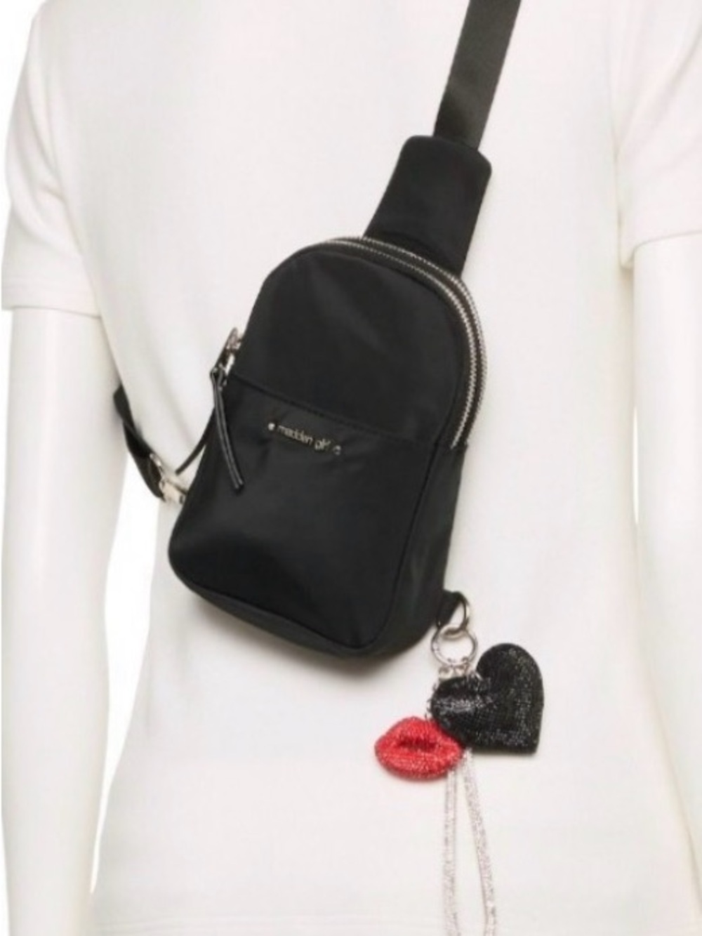 Madden Girl Black Crossbody Sling Bag with Red Lip & Black Heart Charm